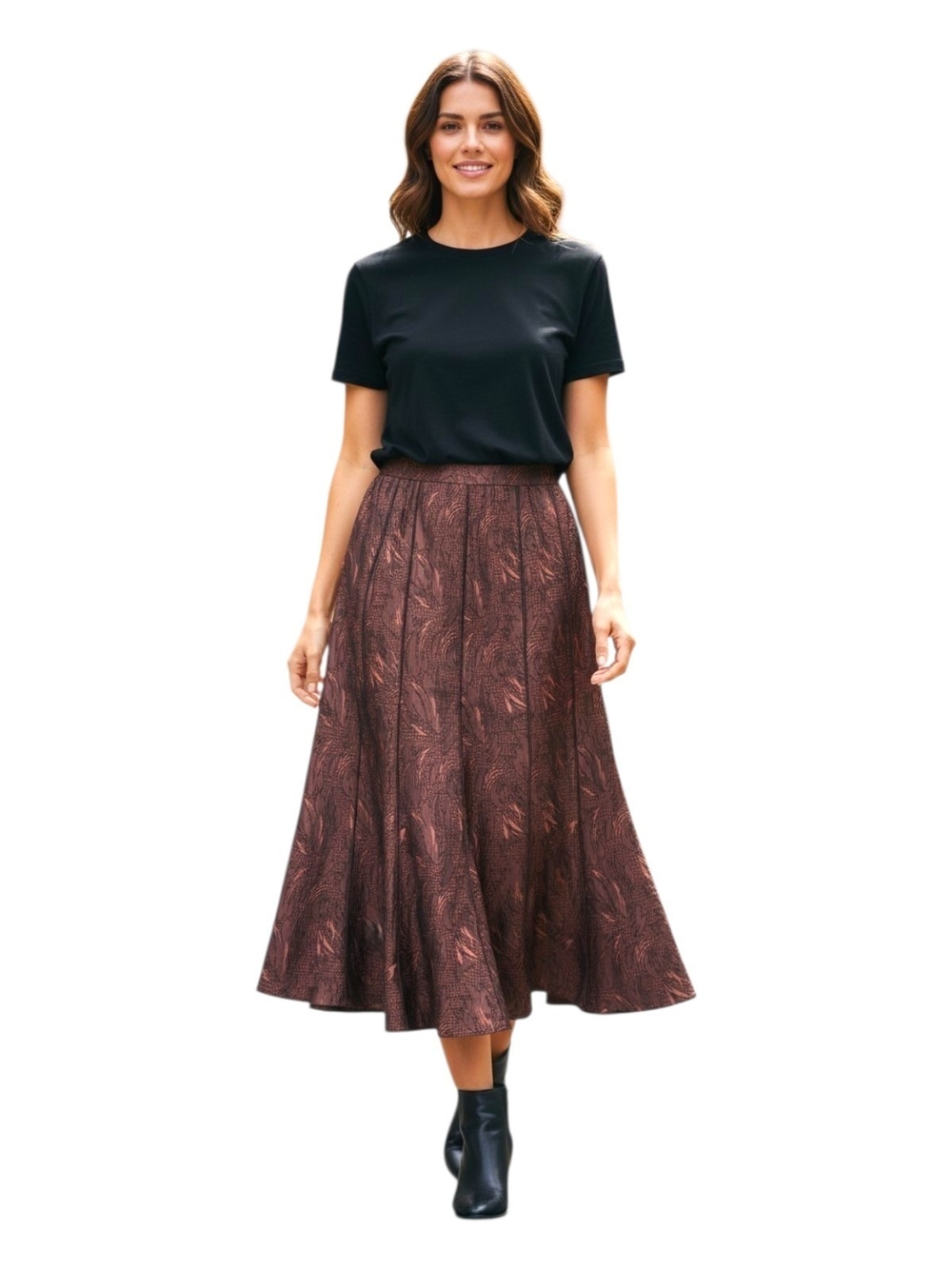 Carissimo Vintage Bronze Jacquard A Line Midi Skirt 14 Metallic Retro Chic